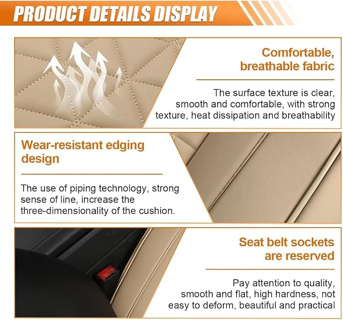 2PCS Luxury Faux Leather Car Seat Cover, Car Seat Cushion, Beige | Anti-Slip Waterproof Universal Front Bottom Seat Protector with Storage Pocket for Sedans, SUVs, Trucks, Triangular Pattern