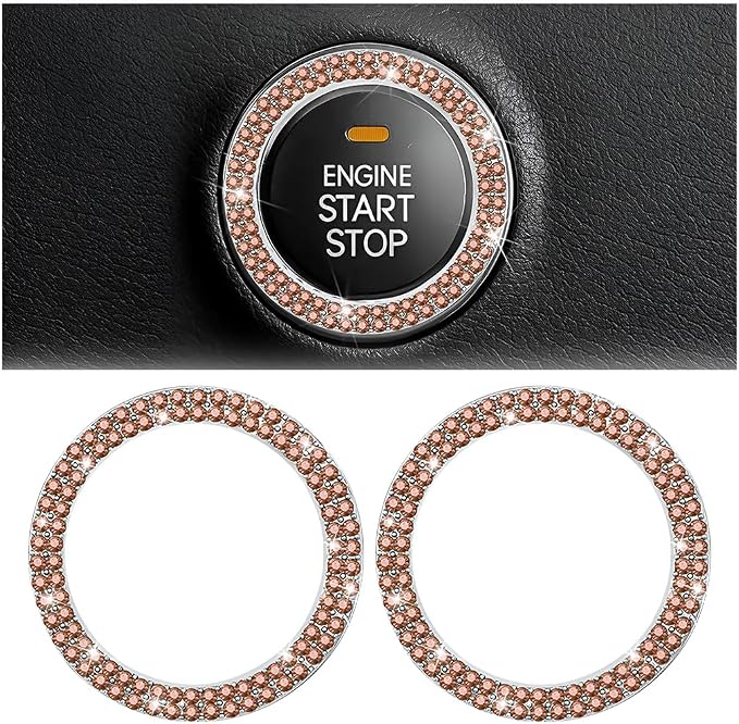 Bling Car Engine Start Ring Decals, 2PCS Sparkling Crystal Rhinestone Vehicle Push to Start Button Sticker, Diamond Auto Key Ignition Knob Decorative Ring, Universal for Vehicles (Peach Pink)