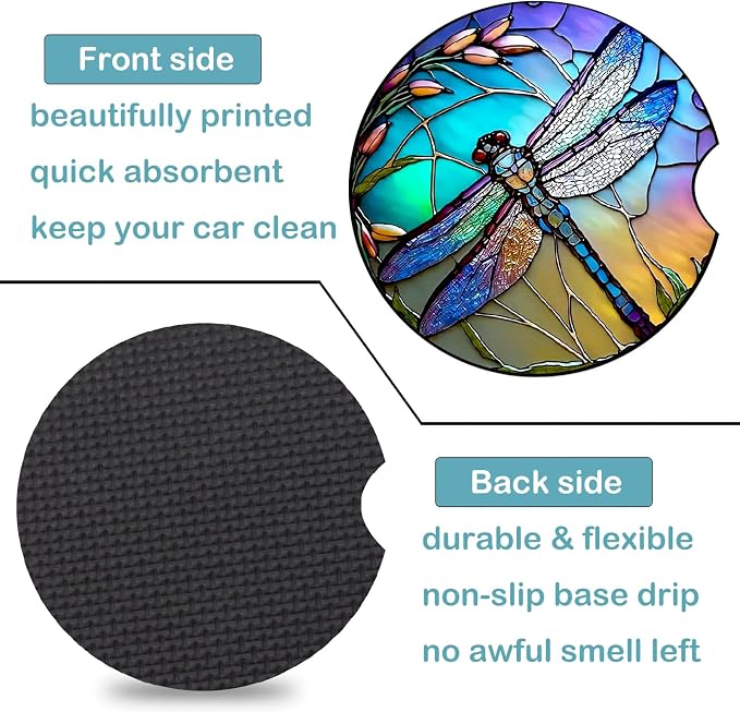 2 Pack Dragonfly Car Cup Holder Coasters Universal Neoprene Coasters | 2.75" Universal Size Anti Slip Rubber Mat, Auto Cup Holder Decor Accessories for SUV Truck, Dragonfly Gifts for Women Mom