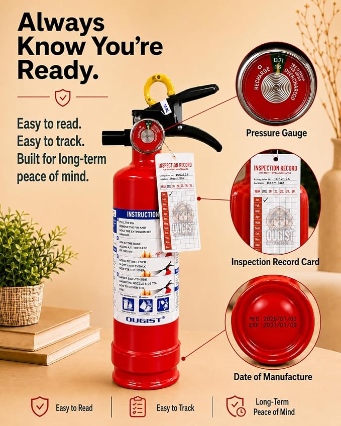Ougist Fire Extinguisher for Home & Vehicle, 1-A:10-B:C, FF1KG 2.5lb 6 Pack | Dry Chemical Extinguisher Set for Small Home, Car, Garage and Boat Fires with Quick-Release Handle and Compact Storage