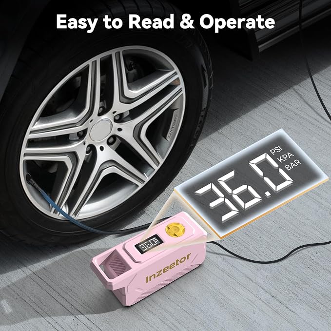 150 PSI Tire Inflator Portable Air Compressor, 12V DC Auto Shutoff Air Pump with Digital Pressure Gauge and Emergency LED Light for Car Tires, Bicycle & Balloons, Pink