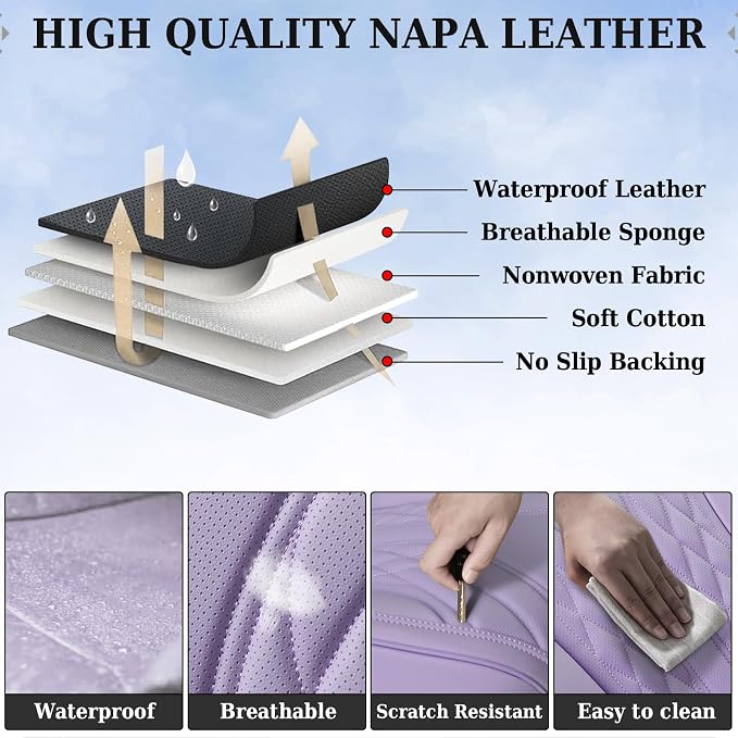 Coverado Car Seat Covers Full Set, 5 Seats Front Seat Cover and Back Seat Covers for Cars, Automotive Seat Covers Leather Waterproof Seat Covers, Purple Car Seat Protectors Universal for Cars