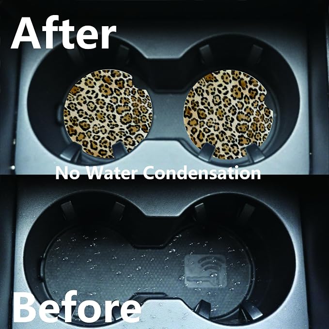 2pcs Cute Leopard Print Car Coasters,Absorbent Universal neoprener Cup Holder Coasters with a Finger Notch,Car Accessories for Women&Man Interior，2.75" 1
