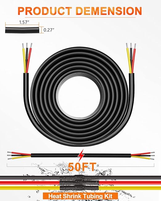 NAOEVO 20 Gauge Wire 3 Conductor Electrical Wire, 20 AWG Stranded PVC Cord, 12V Low Voltage/Tinned Copper/Flexible Cable for Automotive Wiring, Lamp Cord, Marine Cable (50FT)