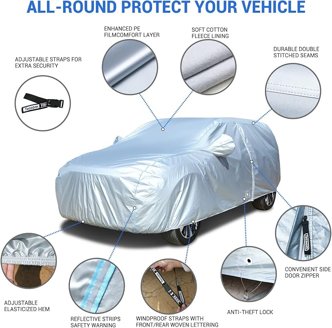 Tecoom Car Cover Waterproof All Weather, 8 Layers Soft Cotton Fleece Lining SUV Car Cover with Zipper Door & Lock, Windproof Rain Sun UV Hail Protector Full Exterior Covers Fit SUV (206-215 Inches)
