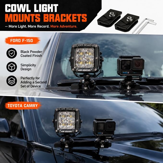 Hood Light Mount Brackets A Pillar Ditch Light Brackets with Extensions | Clamp-On Ditch Light Brackets + Extensions for Hood Mount | No-Drill Universal, Holds Lights, Antenna & Camera