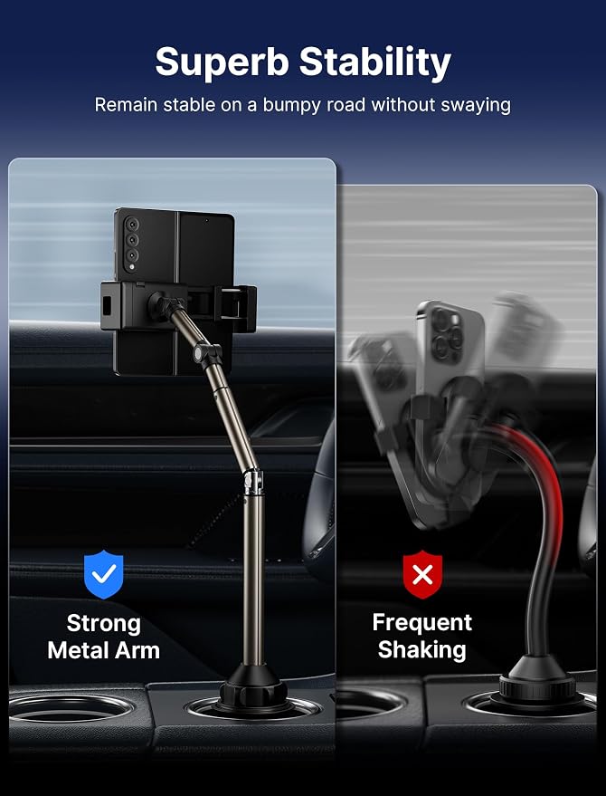 JSAUX Car Cup Holder Phone Mount for Foldable Phones & Mini Tablets | Sturdy Metal Long Arm, Flexible Height and Angle, Adjustable Base, Secure Phone Grip, Fits 2.17-4.33 in Car Cup Holders