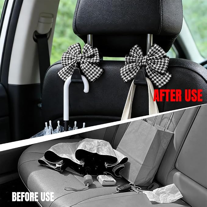 2PCS Car Seat Headrest Hooks, Car Purse Hook, Cute Bow Knot Vehicle Seatback Hanging Storage Organizer, Auto Seatback Decor Organizer Hanger for SUV Truck (Houndstooth/Black)
