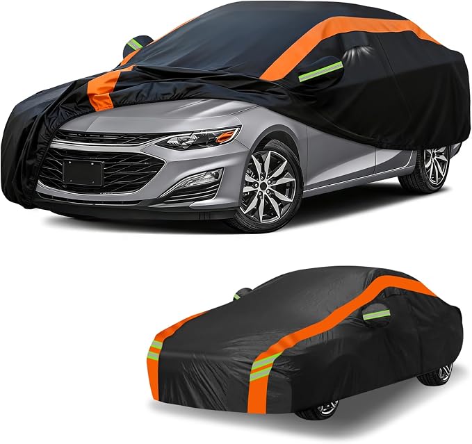 Universal Fit Car Cover for Coupe Length 194-202in, Waterproof Automobiles Cover All Weather Compatible with Pontiac Firebird/Trans Am, Chevy Malibu, Dodge Charger, Hyundai Genesis