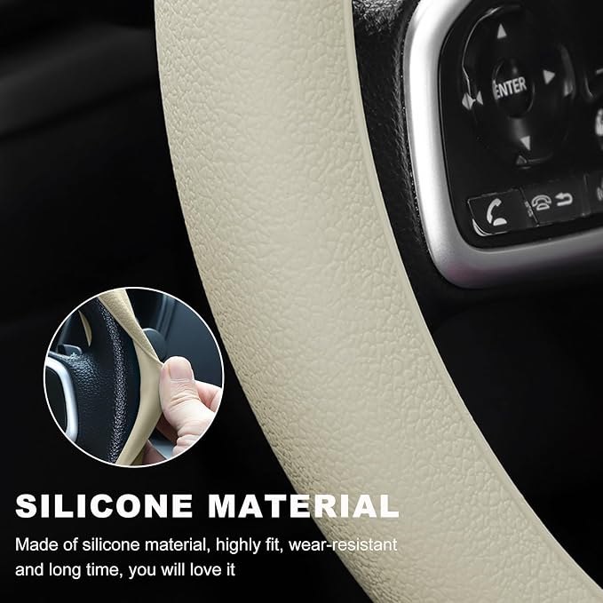 DXNQ Car Steering Wheel Cover, 13 to 14.17 inches Anti-Slip Silicone Steering Wheel Protector, Soft Flexible Shock-Absorbent Steering Wheel Protective Cover for Most Car Models (Beige)