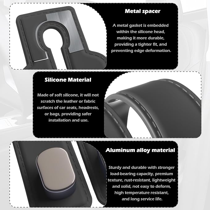 Headrest Hooks for Car Seat Back Storage Hook 2PC | Universal Premium materials silicone and Aluminum-Magnesium Alloy Double Car Seat Back Storage Hook for Purses Black