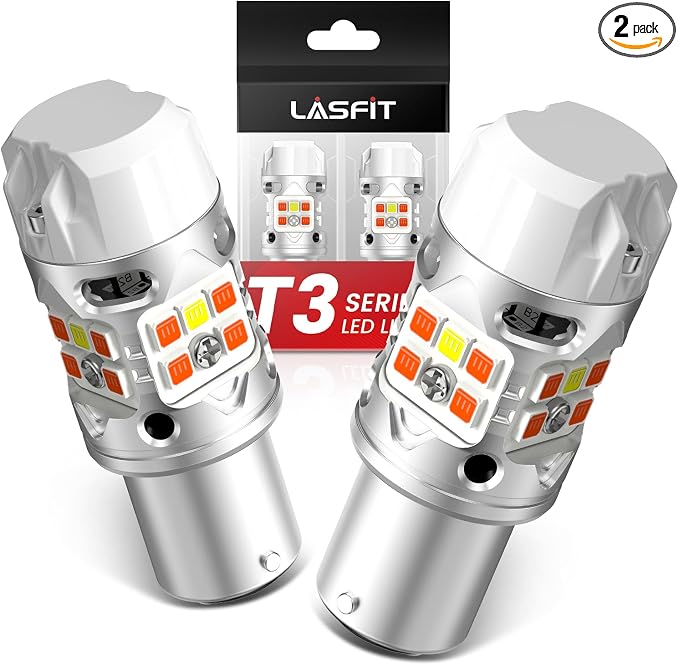 LASFIT T3 1157 Switchback LED Bulbs with Built-in Resistor, 500% Brighter Dual-Color White Amber Turn Signal Lights, Error-Free CANBUS Ready 2357 2057 7528 BAY15D P21/5W DRL Parking Bulbs, Pack of 2