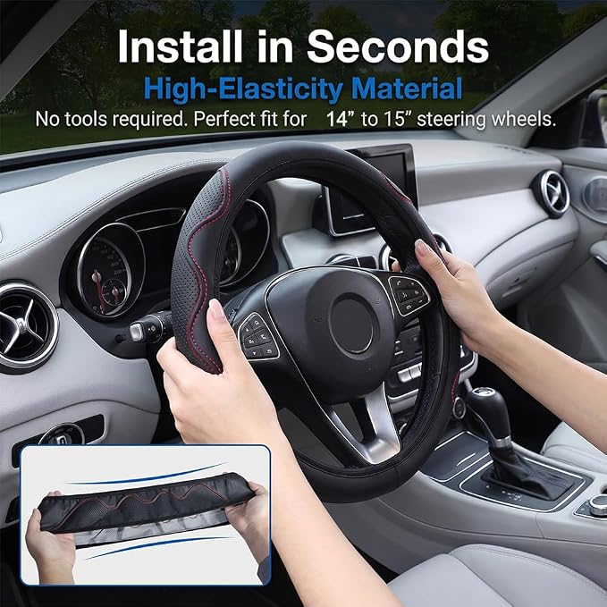 Elastic Steering Wheel Cover Black and Red Universal 14-15 inch | Leather Car Steering Wheel Covers Stretch Microfiber Breathable Anti-Slip Car Accessories Fit for Suvs, Vans, Trucks