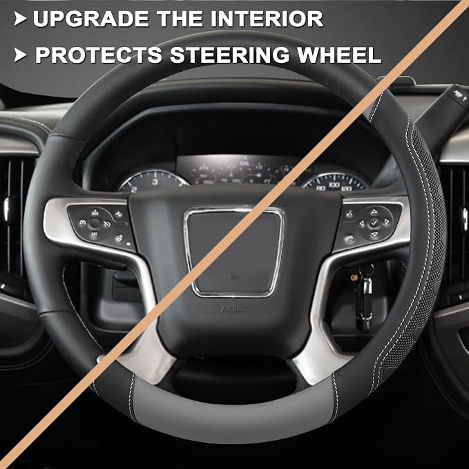 GIANT PANDA Steering Wheel Cover for GMC Sierra Acadia Terrain Yukon(Gray+Black-Standard Size)