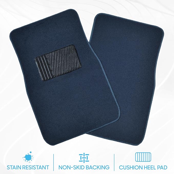 BDK Premium Blue Carpet Floor Mats for Cars - Universal Fit Interior 4-Piece Car Mats Full Set with Vinyl Heel Pad Protector - Cute Car Accessories Interior Floor Covers for SUVs & Trucks