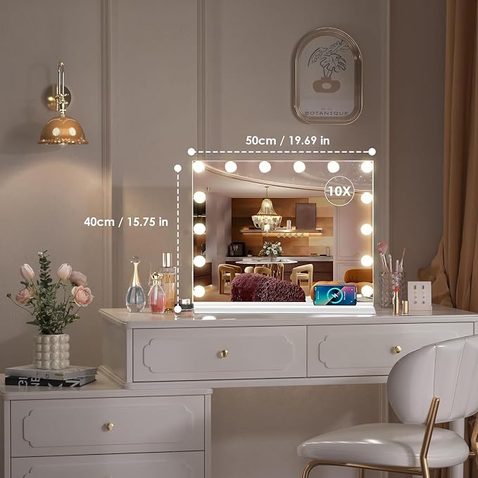 Hollywood Vanity Mirror with Lights, Lighted Makeup Mirror with 10X Magnification, Vanity Makeup Mirrors with Lights, USB Charging Port Touch Control, 14 LED Bulbs 3 Lighting Modes