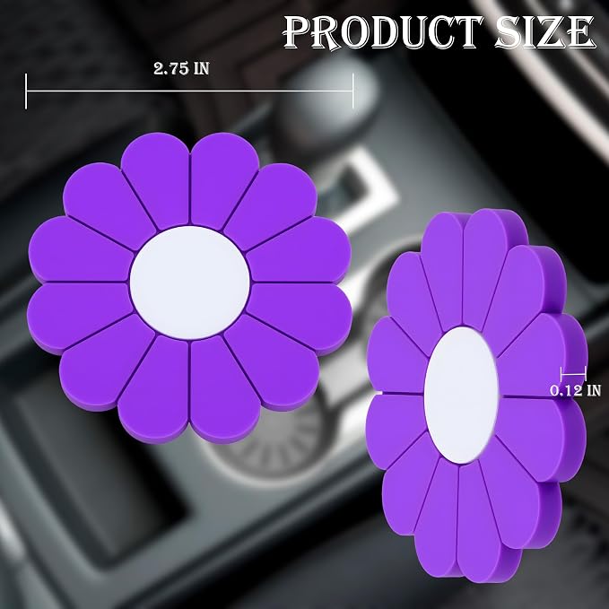 2-Pack Car Cup Holder Coaster Inserts, Daisy Shape, 2.75 Inch Non-Slip Silicone Cup Holder Insert, Universal Non-Slip Cup Holders, Car Accessories Interior for Women and Man (Purple)