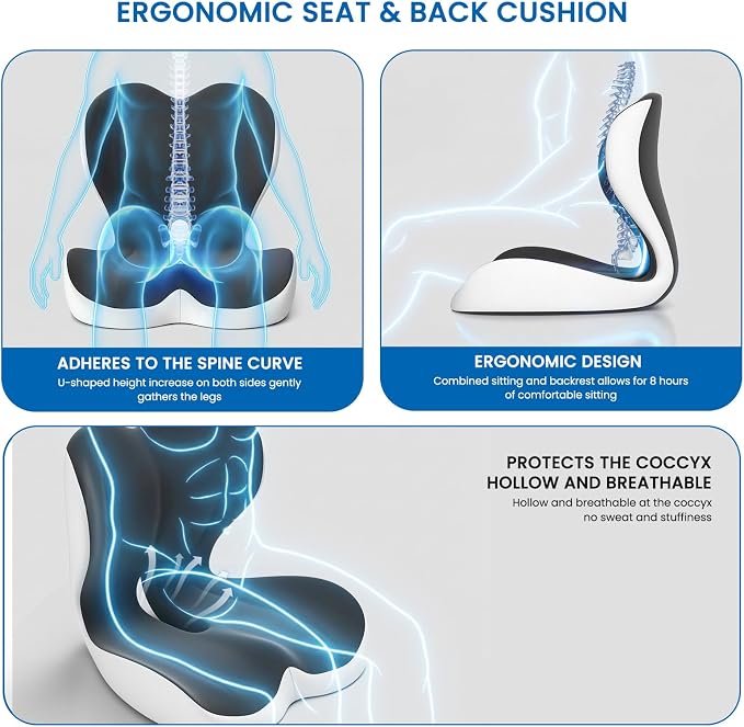 Car Seat Cushion Reducing Sciatica Pressure, Back & Tailbone Comfort | Hollow Design for Coccyx, Double-Sided Anti-Slip, L-Shaped Ergonomic Memory Foam Lumbar Cushion, Suitable for Long Sitting