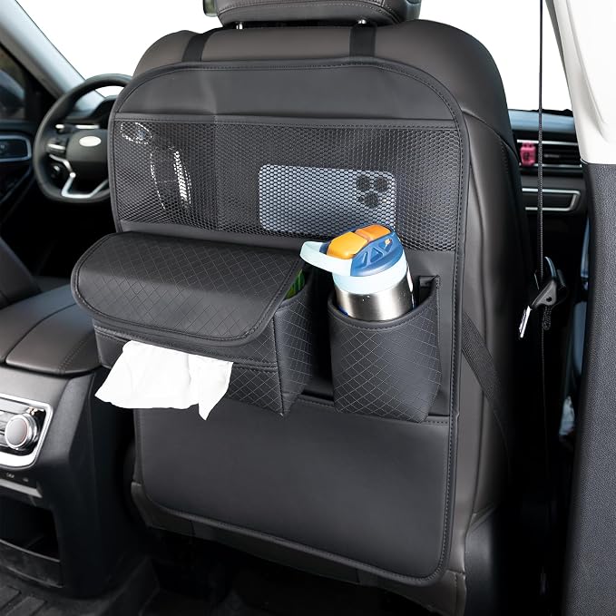 Multifunctional Car Seat Back Organizer with Large Tissue Box Holder, Large Water Bottle Storage, Phone Pouch, Kick Mat Protectors for Road Trips. (Black)