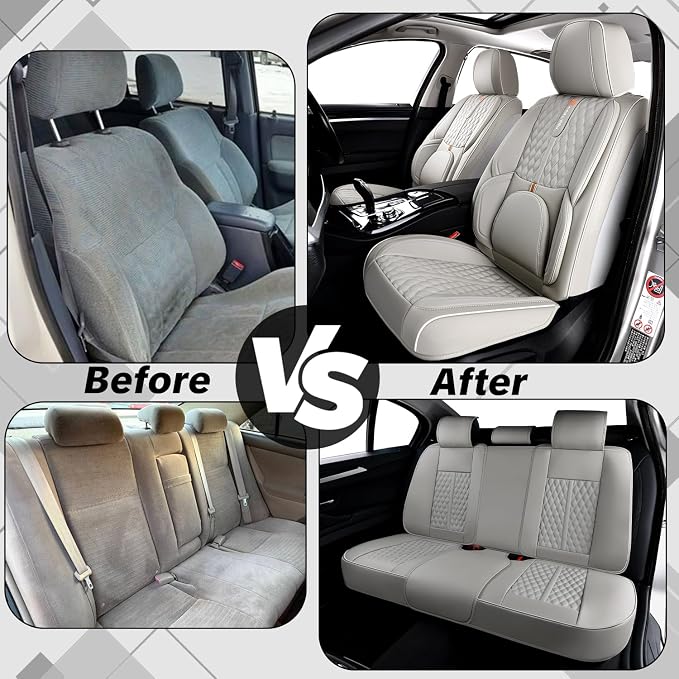 Car Seat Cover Complete Set, Light Gray, Suitable for Most Cars | with Lumbar Support, Premium Artificial Leather, Waterproof and Easy to Clean, Airbag Compatible