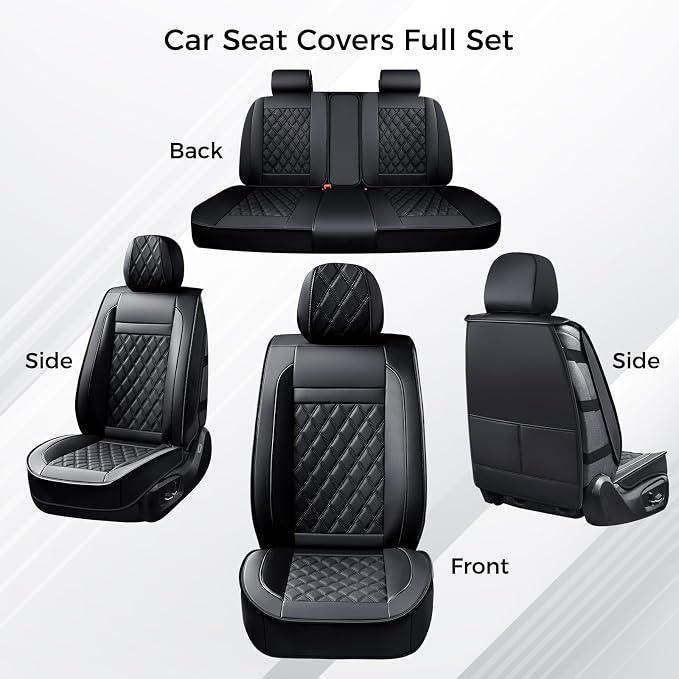 Huidasource Seat Covers Full Set, 5 Layers Full-Cover Leather Seat Cover Hollow Design Airbag Pops, Front ＆ Back Seat, Seat Covers for Most Cars, Vans, Trucks, SUVs Universal Fit (Full Set/Black)