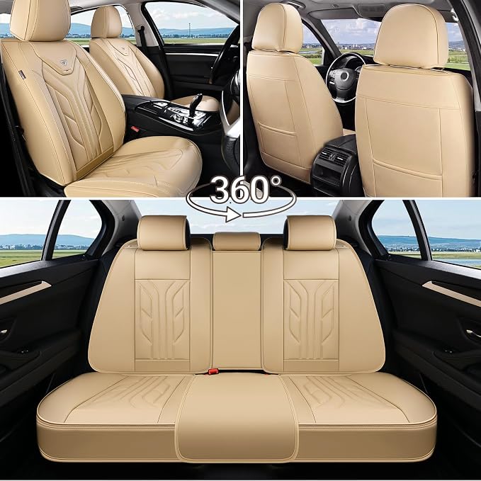 Coverado Car Seat Covers Full Set, Automotive Seat Covers Car Seat Protector Car Seat Cushion, Waterproof Leather Seat Covers for Cars, Universal Fit for Most Sedans SUV Pick-up Truck(Beige)