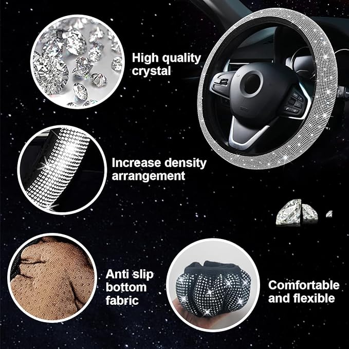 Osilly 27PCS Bling Car Accessories Set for Women, 15 Inch Reinestone Crystal Steering Wheel Covers License Plate Frame USB Charger Phone Holder Coasters, Vehicle Decorations, Universal Fit（Black）