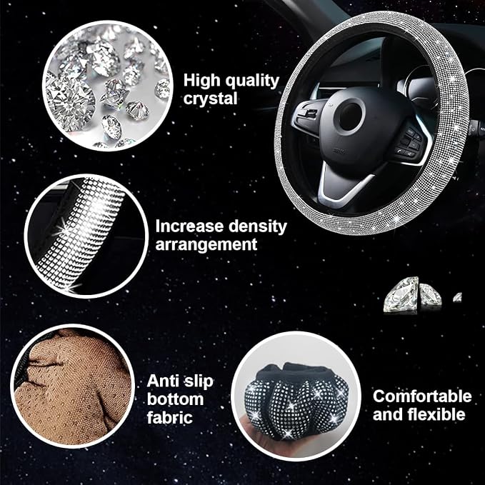Osilly 27PCS Bling Car Accessories Set for Women, 15 Inch Reinestone Crystal Steering Wheel Covers License Plate Frame USB Charger Phone Holder Coasters, Vehicle Decorations, Universal Fit（Pink）