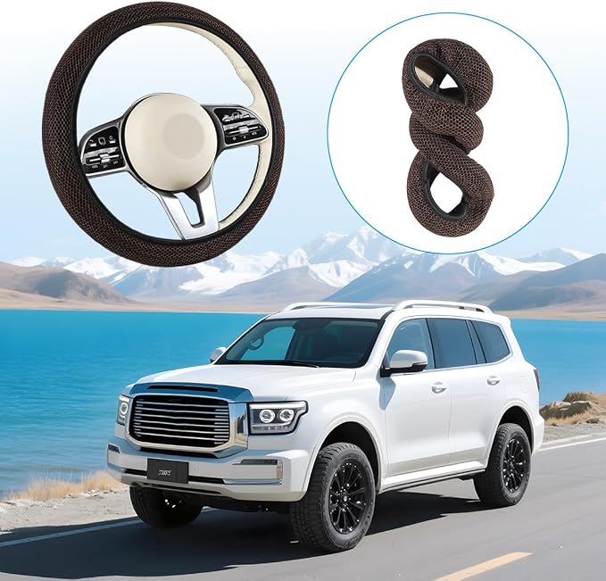 Elastic Stretch Car Steering Wheel Cover, Soft Breathable Ice Silk Steering Wheel Protector, Anti-Slip Automotive Interior Accessories, Universal for Sedan, Truck, Van (Coffee)