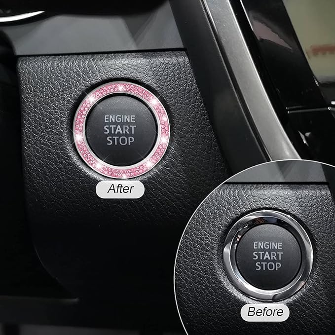 Car Bling Crystal Rhinestone Engine Start Ring Decals, 2 Pack Car Push Start Button Cover/Sticker, Key Ignition Knob Bling Ring, Sparkling Car Interior Accessories for Women (Pink)