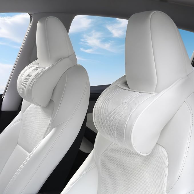 Car Headrest Memory Foam Neck Pillow for Driving with Leather Cover Soft Comfortable Seat Head Pillow Cushion for Most Cars SUV Sedan Home Office, White, 2PC