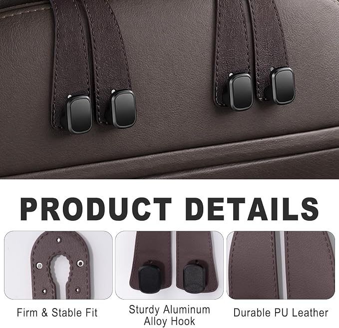 Headrest Hooks for Car 2 Pack, Upgraded Double Metal Hooks with Leather Cover, Car Seat Back Storage Organizer with Anti-Drop Design, for Purses, Handbags, Coats, Groceries (style3)