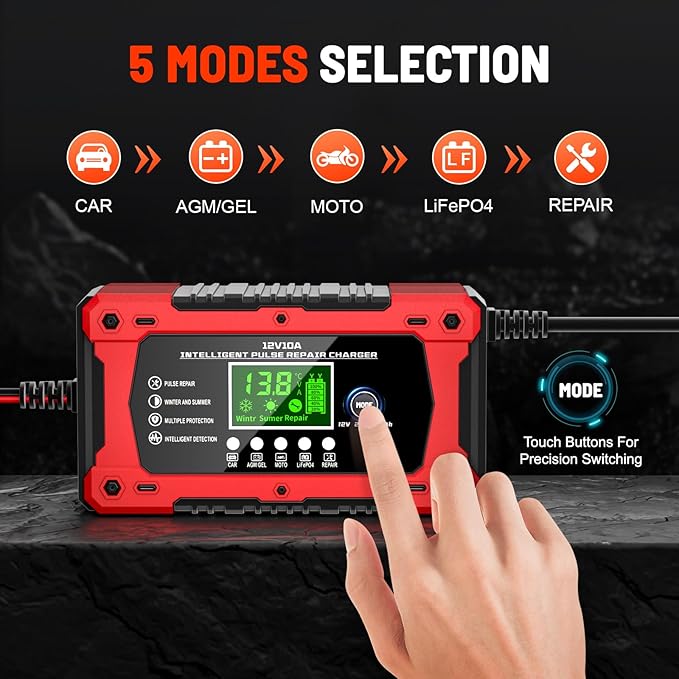 10A 12V Battery Charger for Car Fully Automatic Smart Trickle Charger & Maintainer with LCD Display, Temperature Compensation for Truck, Motorcycle, Boat, Lawn Mower
