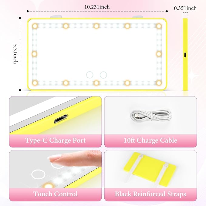 SINGARO 2PCS Car Sun Visor Vanity Mirror - Rechargeable Makeup Mirror with 60 LEDs, 3 Light Modes & Dimmable Touch Control for Cars, Trucks, SUVs, Car Interior Accessories for Women (Yellow)