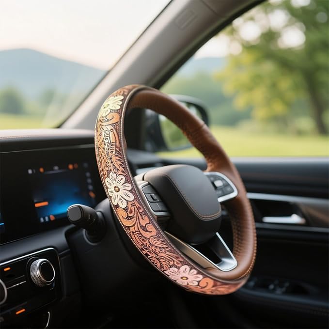 Western Cowboy Steering Wheel Cover - Retro Tooled Leather, Embossed Hand-Painted Design, Universal 15 Inch Anti-Slip Cover for SUV, Truck, Car, Breathable All-Weather, Easy to Install (Style-B)