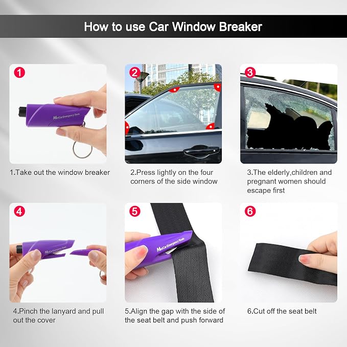RAPUDA Window Breaker Seatbelt Cutter,3-in-1 Mini Glass Breaker, 3 Pack Car Escape Tool for Land and Underwater,Keychain Car Emergency Tool（Pink/Purple/Sky Blue）