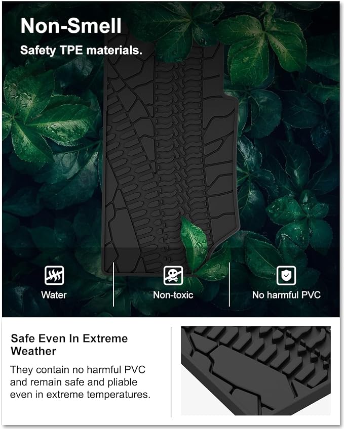 Kiwi Master Floor Mats for 2007-2013 Jeep Wrangler JK 4-Door | OEM Replacement 82210166AC, Custom Fit All Weather Car Mats, Heavy Duty TPE Floor Liners, Front & Rear 2 Row Set, Black