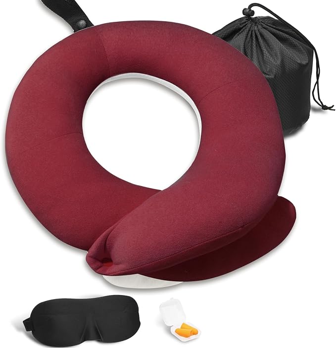 BUYUE Travel Neck Pillows for Airplanes, Memory Foam 360° Head Support Sleep for Long Flight, Skin-Friendly & Breathable, Kit with Eye Mask, Earplugs and Storage Bag (Adult, Red, 90+ lbs)