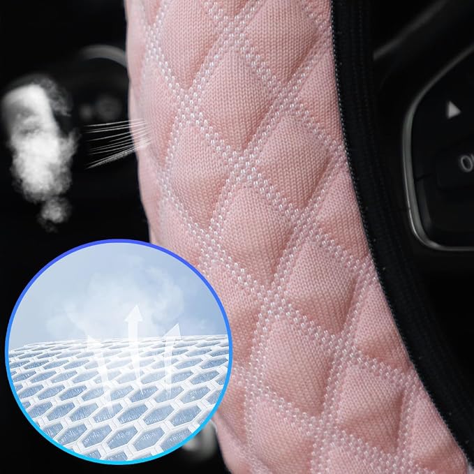 Elastic Stretch Car Steering Wheel Cover, 15Inch Breathable Ice Silk Vehicle Steering Wheel Protecter, Cool in Summer Automotive Interior Protection, Universal for SUV Sedan Truck (Pink)