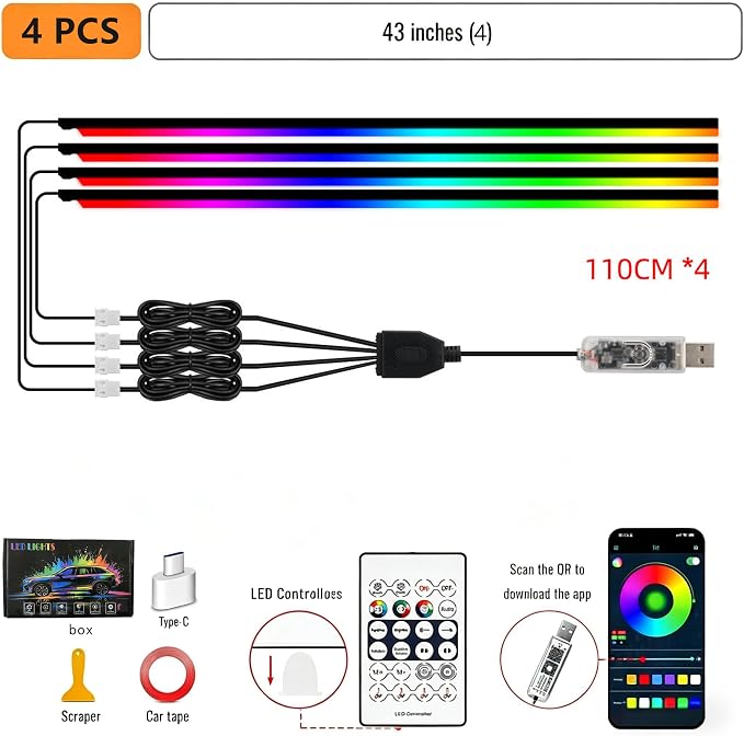 Car Interior Ambient Lighting Kit, Acrylic LED Strip Lights 43.3in 4 in 1, APP & Remote Control, RGB Music Sync Neon Light, USB Powered Flexible Car Lights for Dashboard, Door, Universal Fit