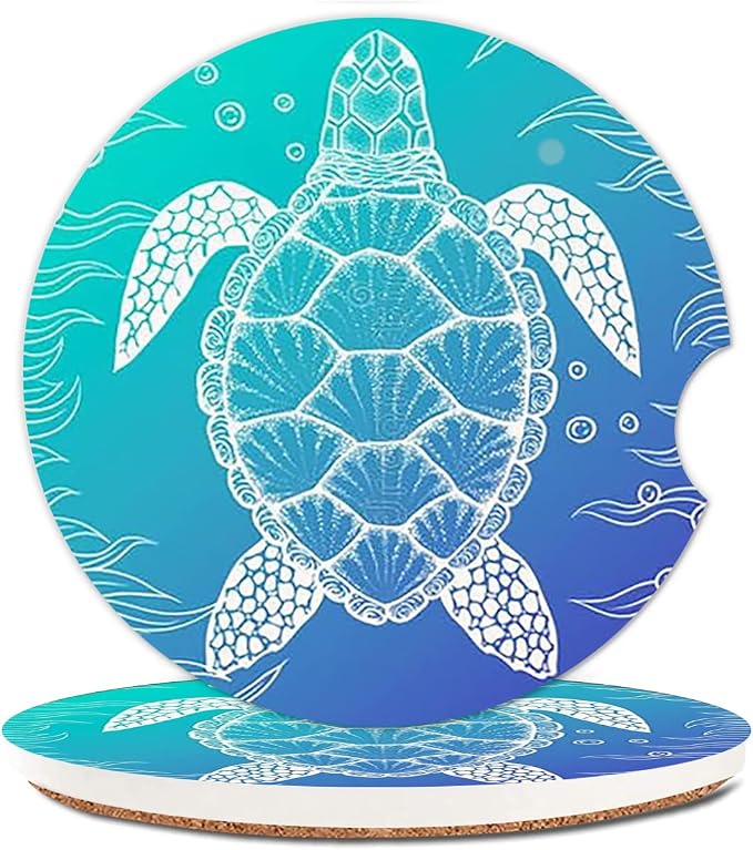 2 Pack Absorbent Car Coasters for Cup Holders,Ceramic Coasters with Cork Back and Finger Slot,Cupholder Accessories to Keep Your Car Cup Holders Clean and Dry 2.56"(Chic Underwater Sea Turtle Seaweed)