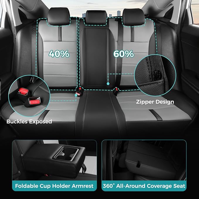 Seat Covers for Honda Civic Hatchback LX, EX, EXL, Sport, Touring, 2016-2021, Faux Leather Car Seats Cover Full Set Seatback Waterproof, Black Grey (60/40 Split Seatback)