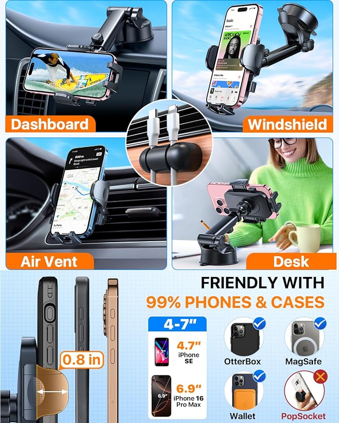 HTU 2026 Ultimate Best【True Military-Grade & Safety Cert】 Car Phone Holder | 【Upgraded 360 Rotation & 100LBS Strongest Suction】5-in-1 Truck Windshield Dashboard Vent Mount Stand for iPhone Android,Green