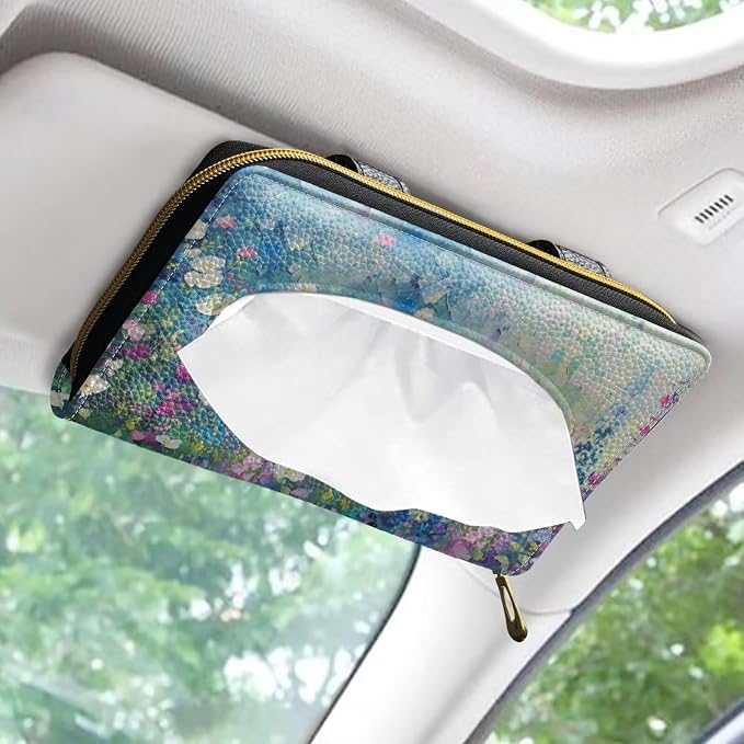 Blue Floral Sun Visor Tissues Box Cover for Car PU Leather Premium Car Tissue Box Holder Universal Napkin Holder