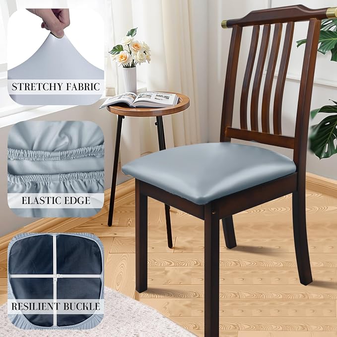 Dining Chair Seat Covers Set of 6, PU Leather Kitchen Chair Seat Covers Stretch Waterproof Dining Room Chair Cover for Kitchen/Hotel, Tasteless seat Covers for Chairs (Grey 6 PCS)