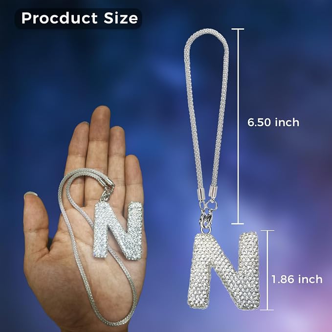 Bling Car Accessories for Women Letter Charm, Rear View Mirror Ornament Cute Hanging Crystal Pendant Girl Car Decorations, Lucky Diamond Rhinestone Girly Charm Interior (White N)