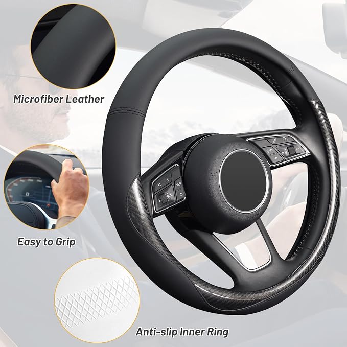 KAFEEK Carbon Fiber Steering Wheel Cover for Men, Car Accessories, Black | Universal 15 Inch Sporty & Thin Cover, Anti-Slip Matte Leather, All-Black Sleek Design