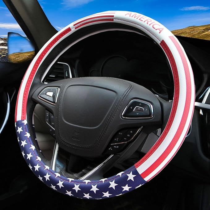 Dotesy Leather Auto Steering Wheel Cover, Fashion Flag Style Car Steering Wheel Cover Protector Universal for 36.5-38cm (American Flag)