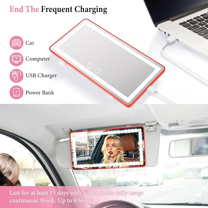 SINGARO 2PCS Car Sun Visor Vanity Mirror - Rechargeable Makeup Mirror with 60 LEDs, 3 Light Modes & Dimmable Touch Control for Cars, Trucks, SUVs, Car Interior Accessories for Women (Red)