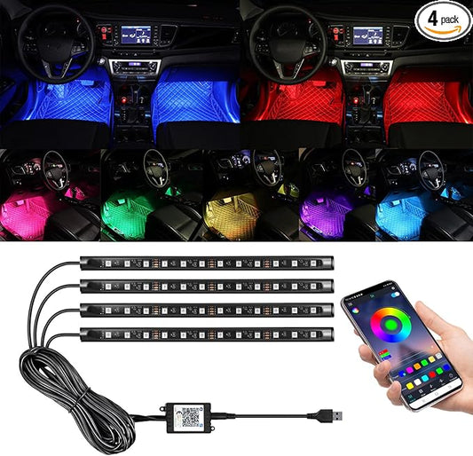 YUGUANG 4Pcs Car Interior Lights, USB LED Lights for Car with App Control Multicolor Music Sync DIY Light Mode, RGB Car Inside Ambient Lighting Kit